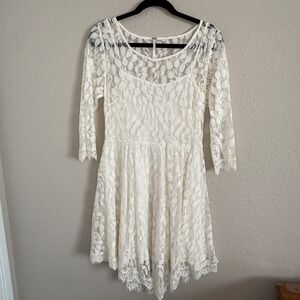 Free People Small Ivory Lace Overlay Dress Boho Country Coquette Asymmetric Y2K